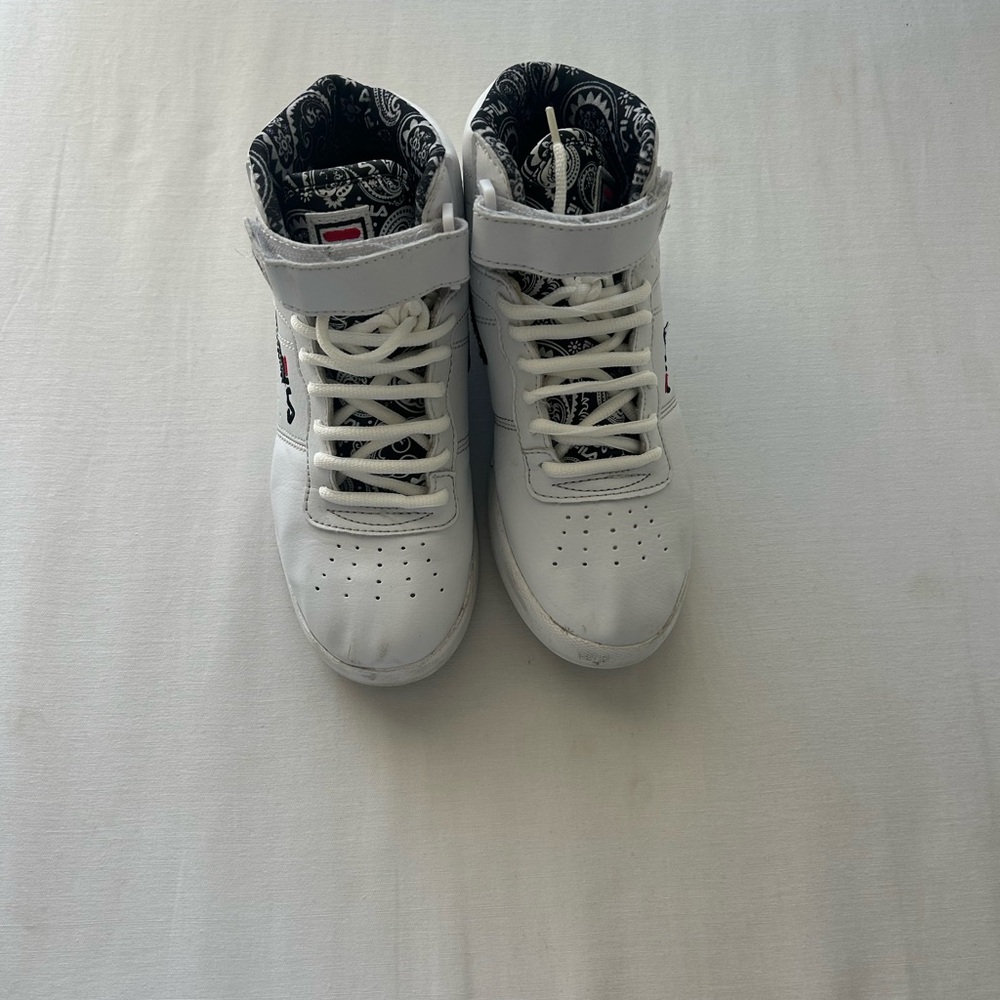 Fila White High-Tops with Black Paisley Interior